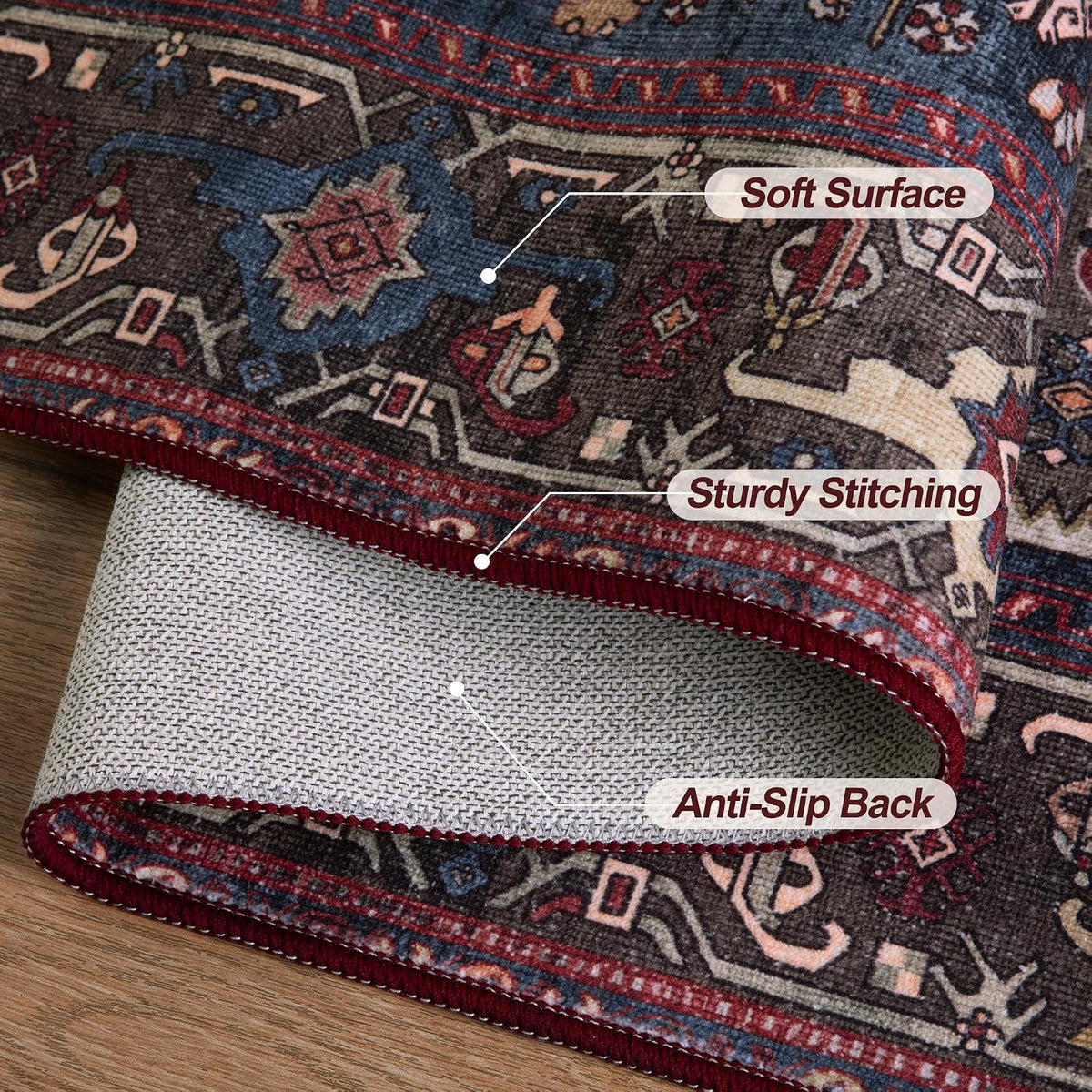 2x6 Blue and Red Vintage Boho Washable Runner Rug - Non-Slip Hallway Carpet
