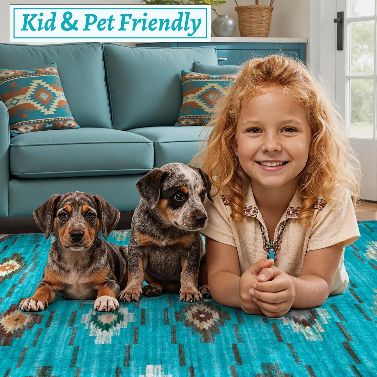 2x6 Teal Washable Kitchen Runner Rug - Southwestern Boho Long Carpet
