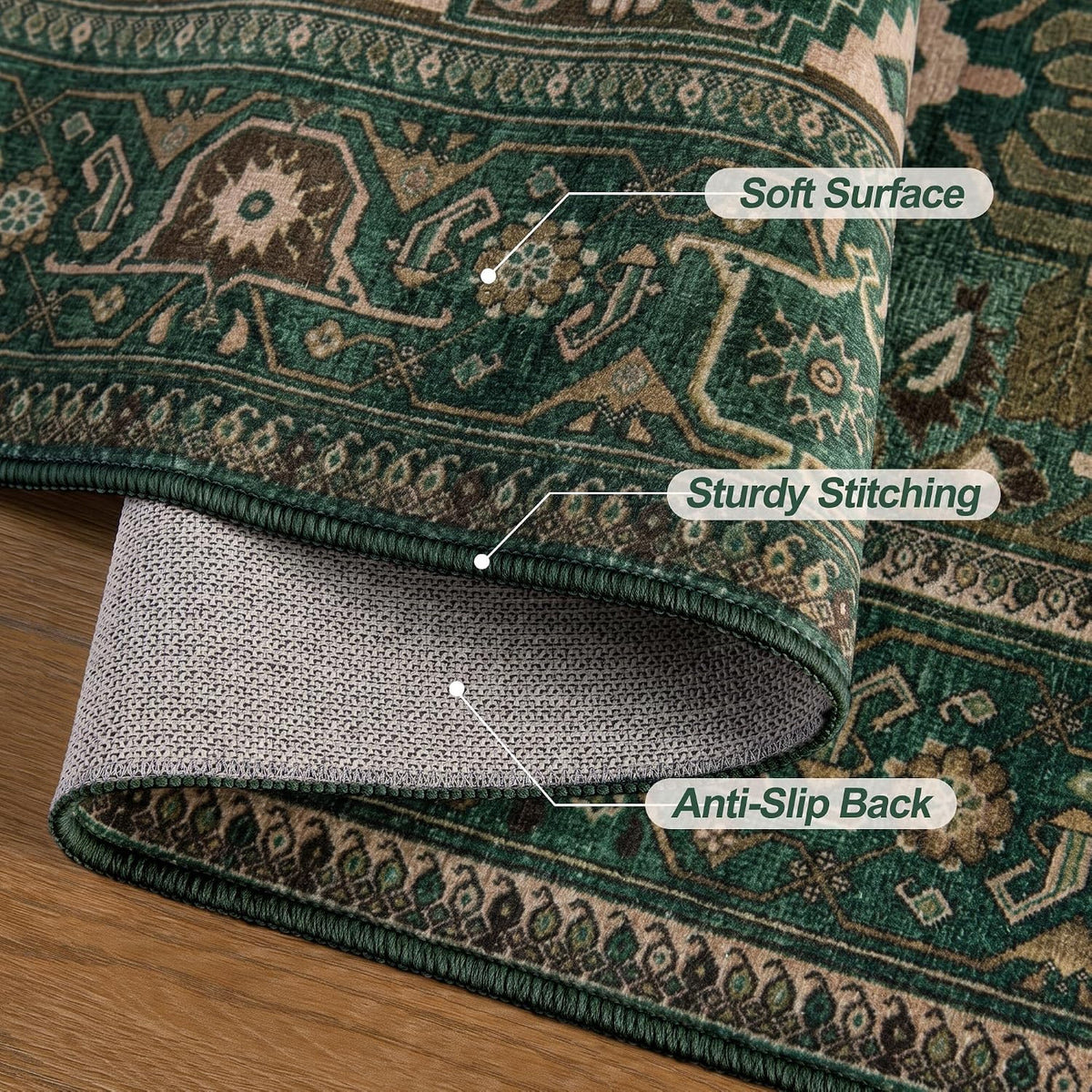 2x5 Dark Green Vintage Boho Washable Runner Rug - Non-Slip Hallway Carpet