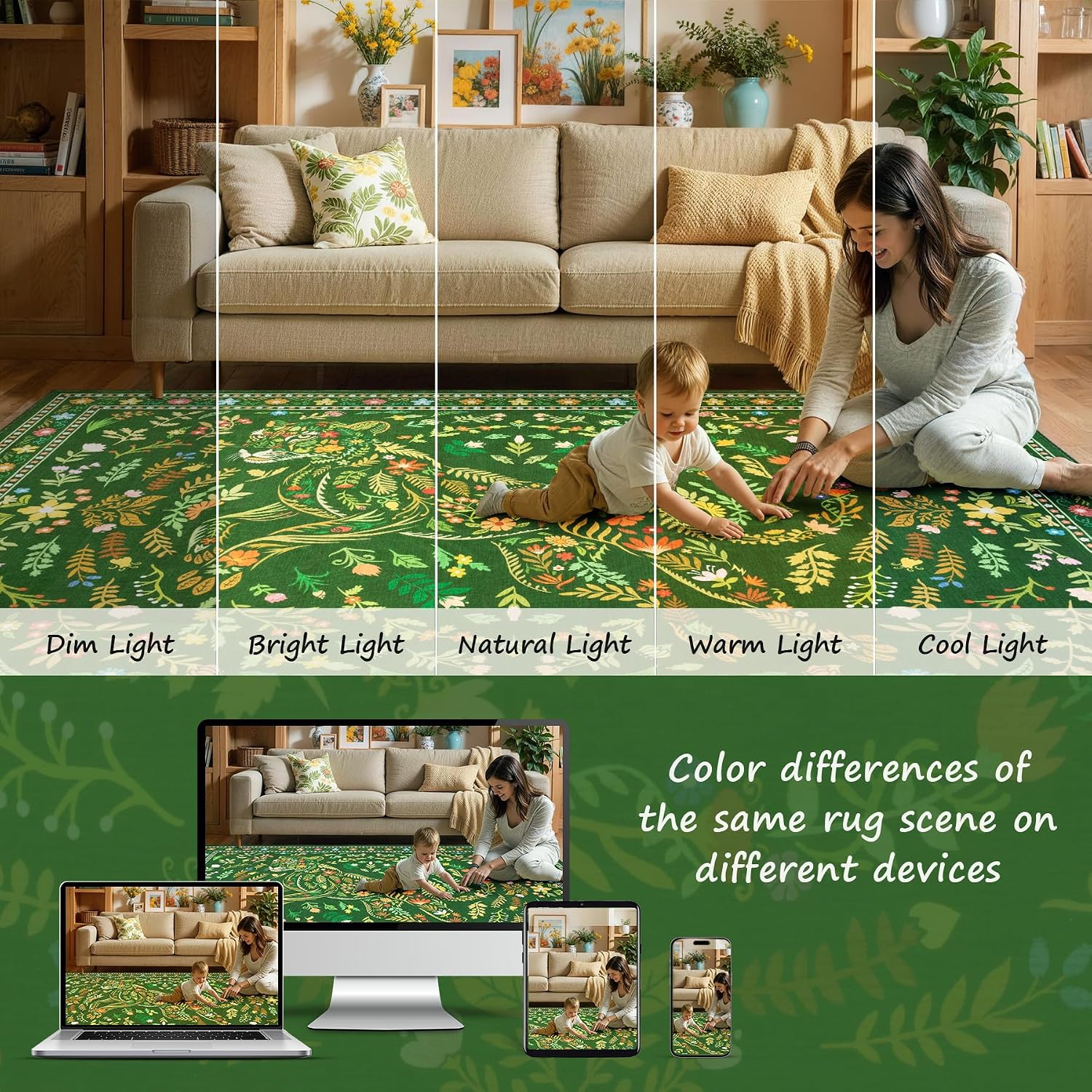 SERISSA Boho Floral & Cheetah Washable Accent Rug, Non-Slip Soft Low-Pile Floor Mat for Entryway, Kitchen, Bedroom, Laundry Room & Entrance – Vibrant Green Decor