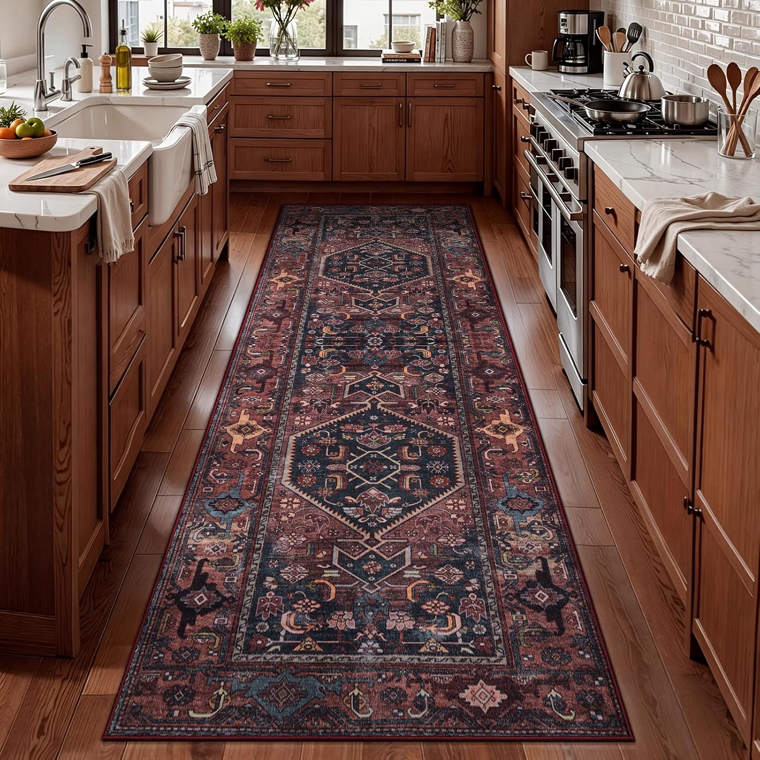 SERISSA Vintage 2.6x10 Washable Hallway Runner Rug Non Slip(Red Multi+Black Red)