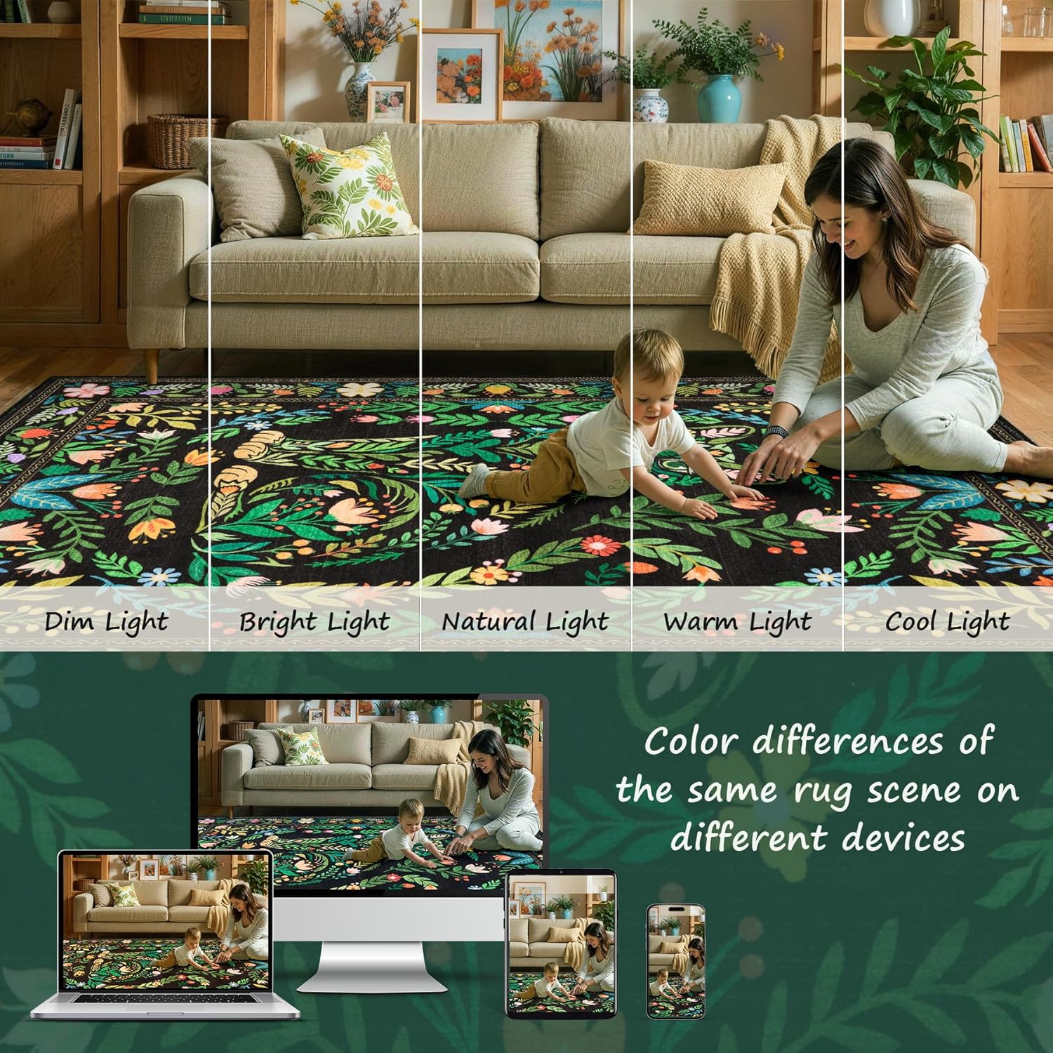 SERISSA Boho Floral & Cat Print Washable Area Rug, Non-Slip Soft Low-Pile Vintage Carpet for Living Room, Dining Room, Bedroom & Kids Playroom – Sophisticated Black Decor