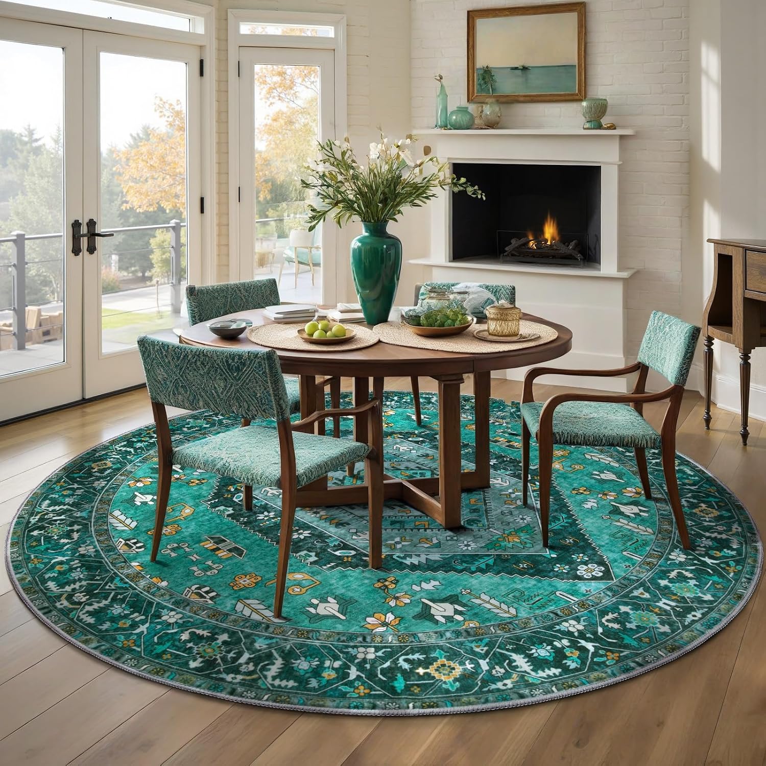 4ft Teal Washable Round Rug - Vintage Oriental Boho Circle Carpet