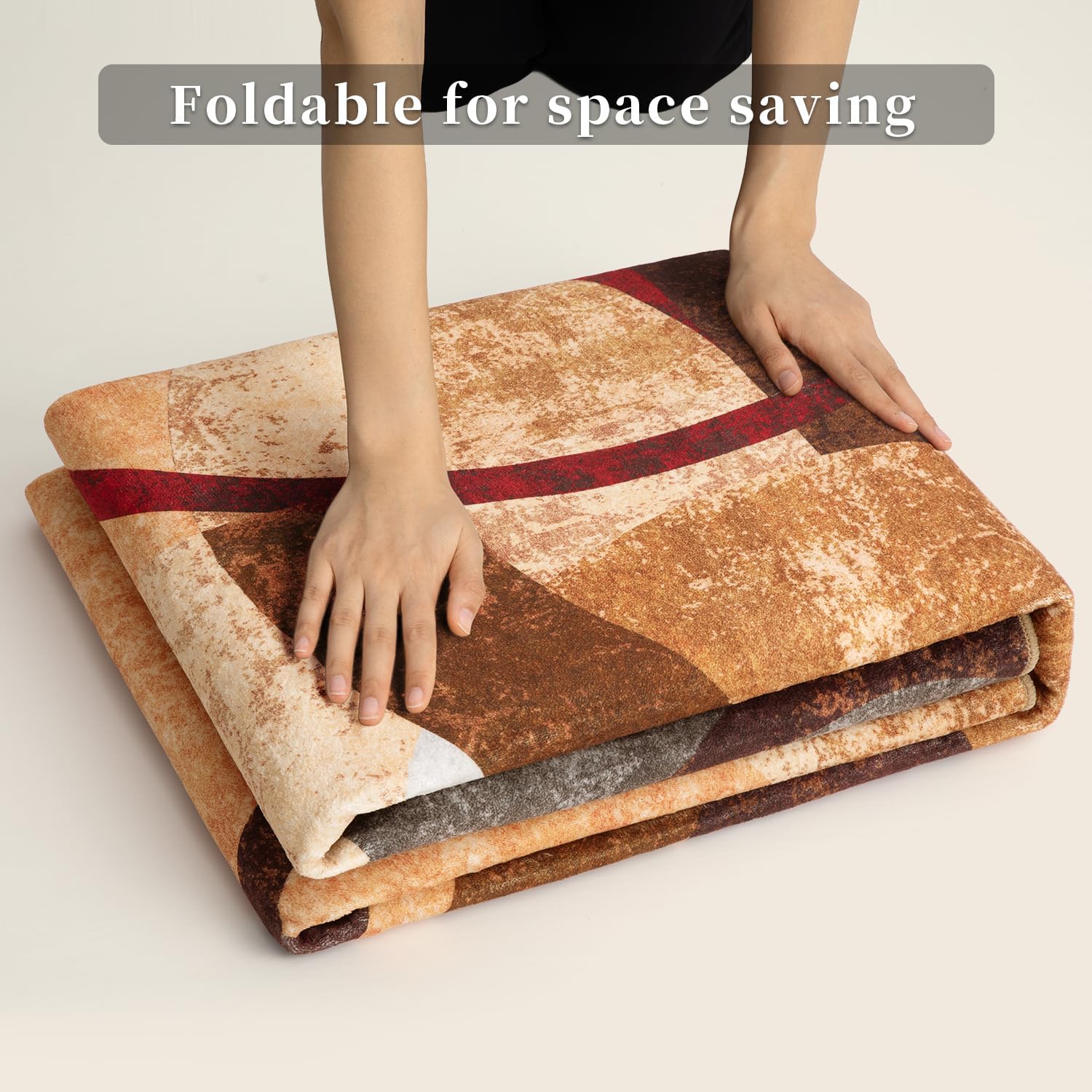 SERISSA Modern Abstract Washable Area Rug, 5'x7' Non-Slip Soft Low-Pile Floor Carpet for Living Room, Dining Room, Bedroom & Office – Geometric Brown & Red Decor