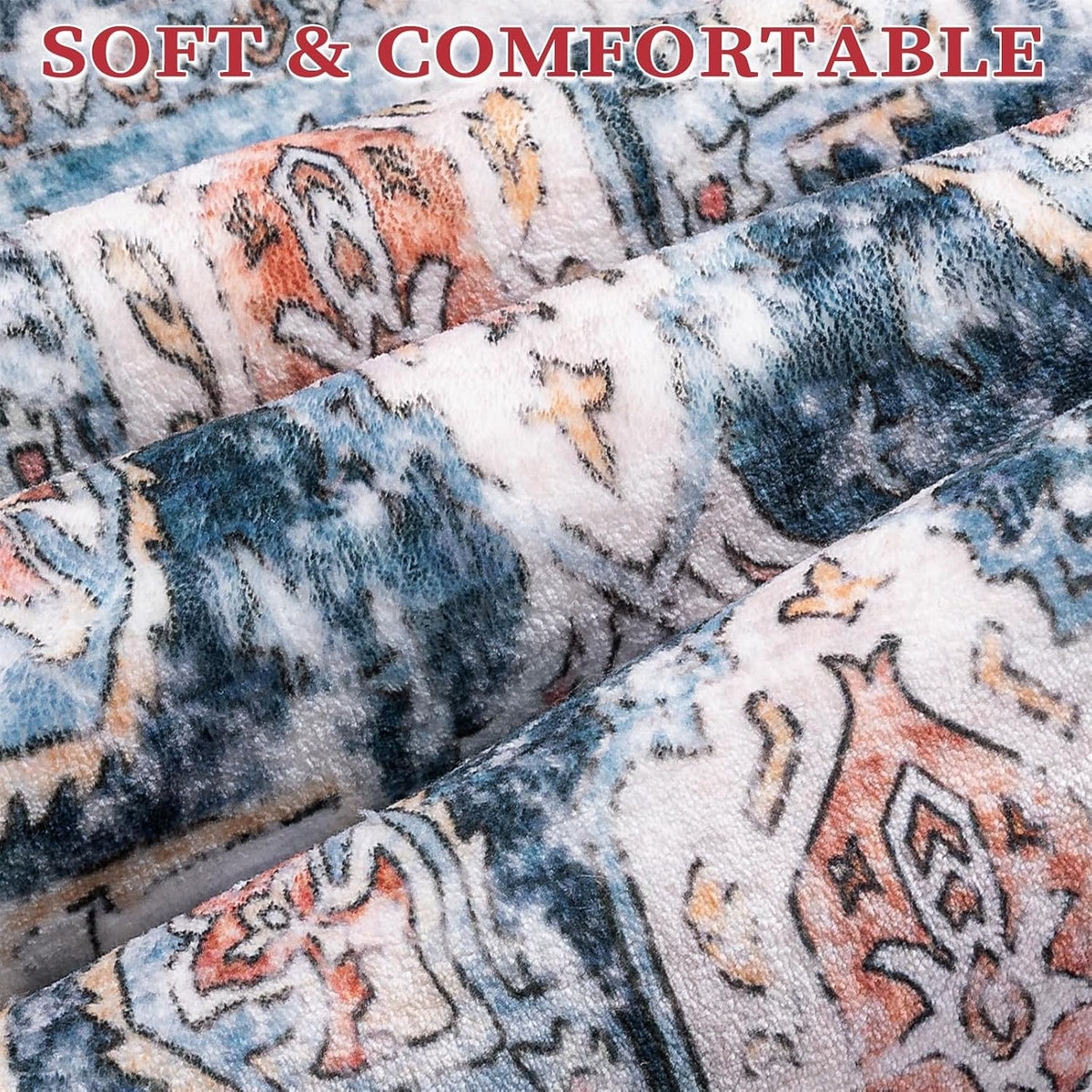 3x4 Blue and Orange Boho Washable Area Rug - Non-Slip Accent Carpet