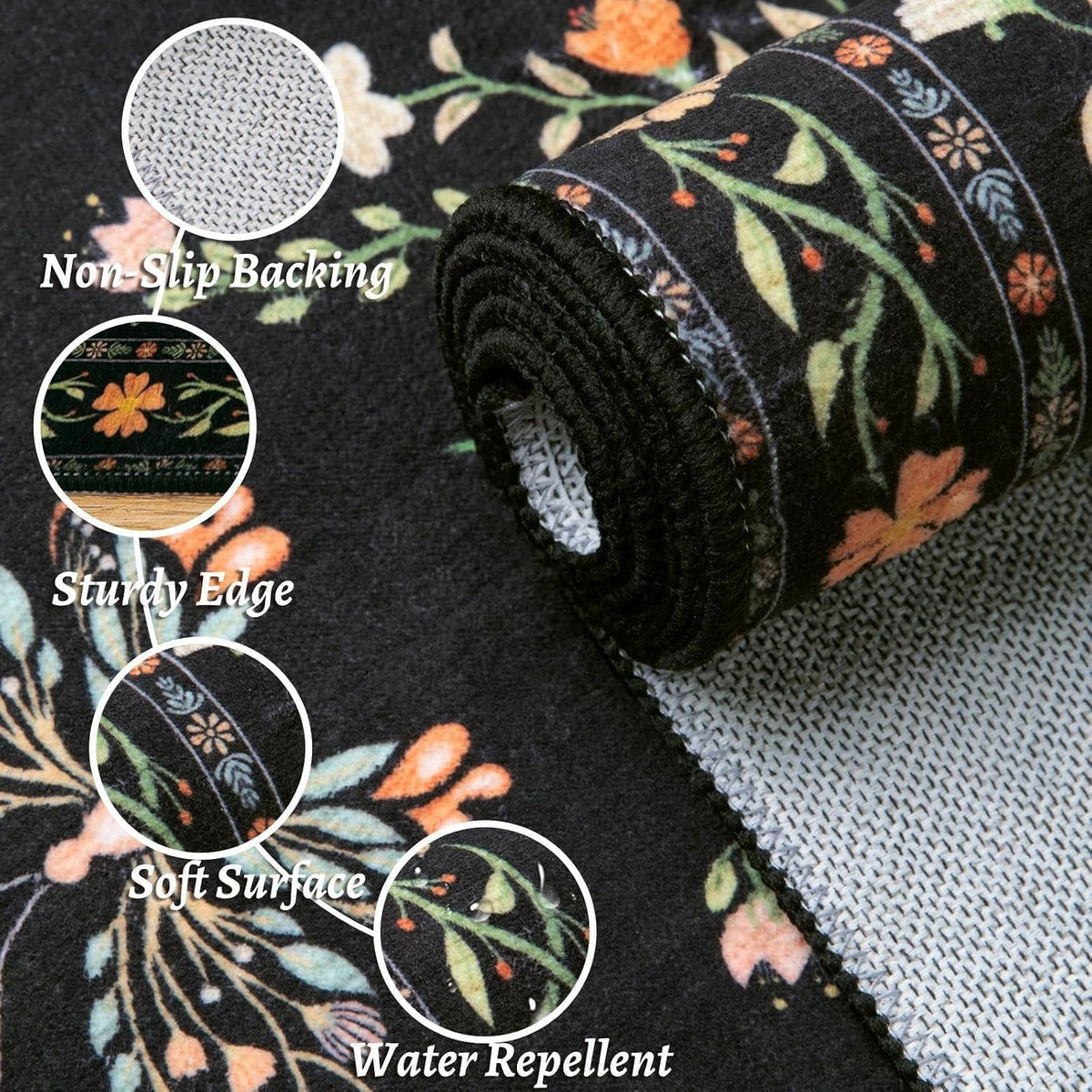 6x9 Black Floral Butterfly Boho Washable Area Rug - Non-Slip Large Carpet
