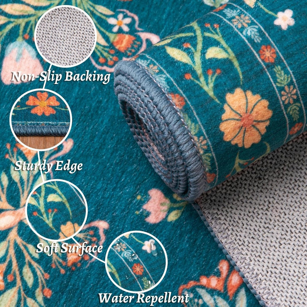 2x3 Green Floral Butterfly Boho Washable Small Rug - Non-Slip Entryway Mat