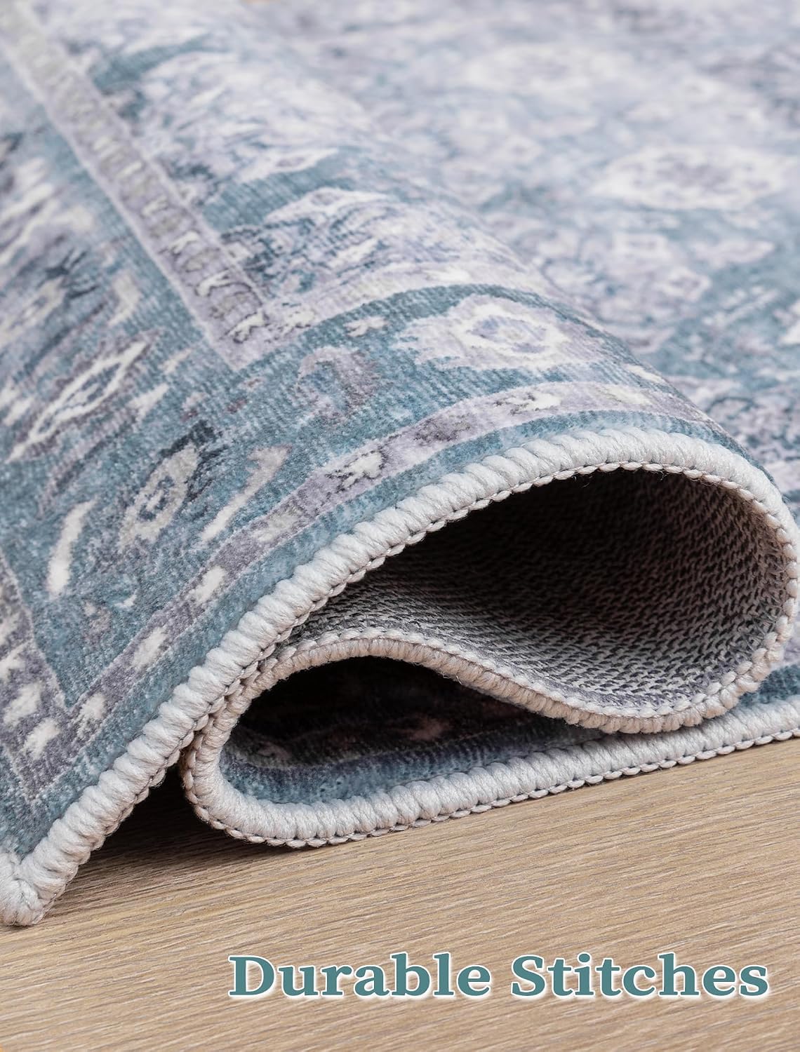 2x6 Blue Grey Floral Vintage Boho Washable Runner Rug - Non-Slip Hallway Carpet