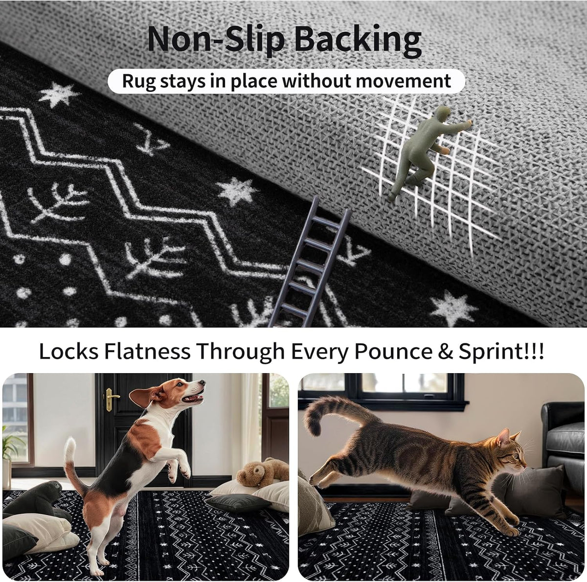 4ft Black and White Moroccan Washable Round Rug - Non-Slip Circle Carpet