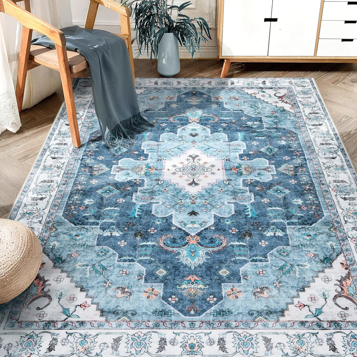 2x3 Blue Vintage Boho Washable Small Area Rug - Non-Slip Entryway Mat