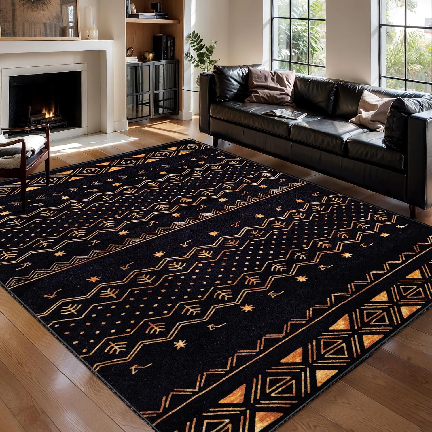9x12 Washable Living Room Area Rug - Black and Gold Moroccan Carpet