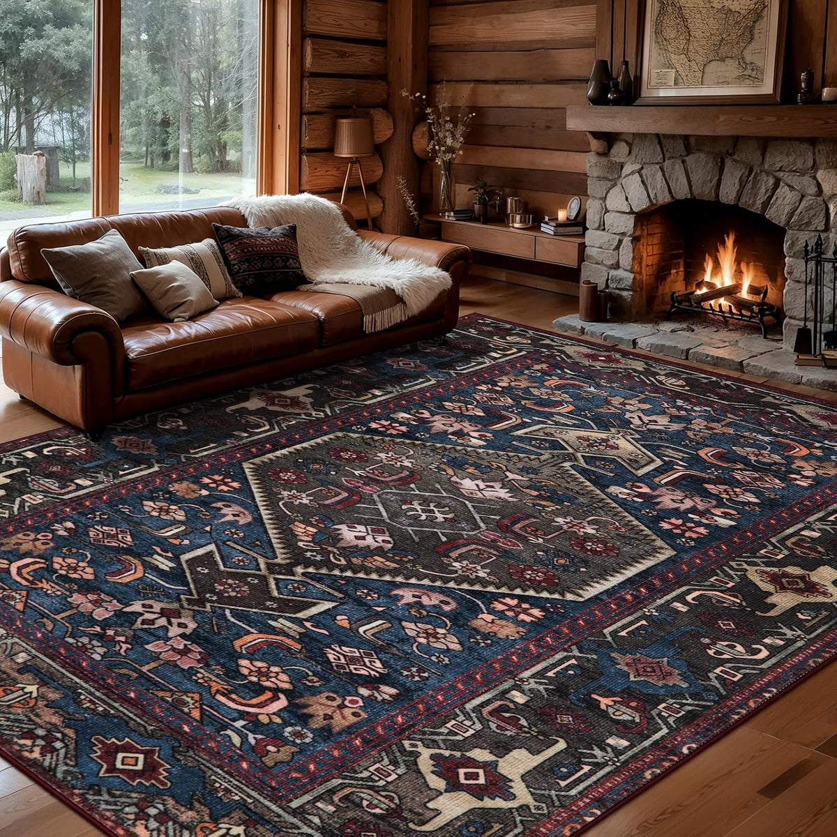 2x6 Blue and Red Vintage Boho Washable Runner Rug - Non-Slip Hallway Carpet