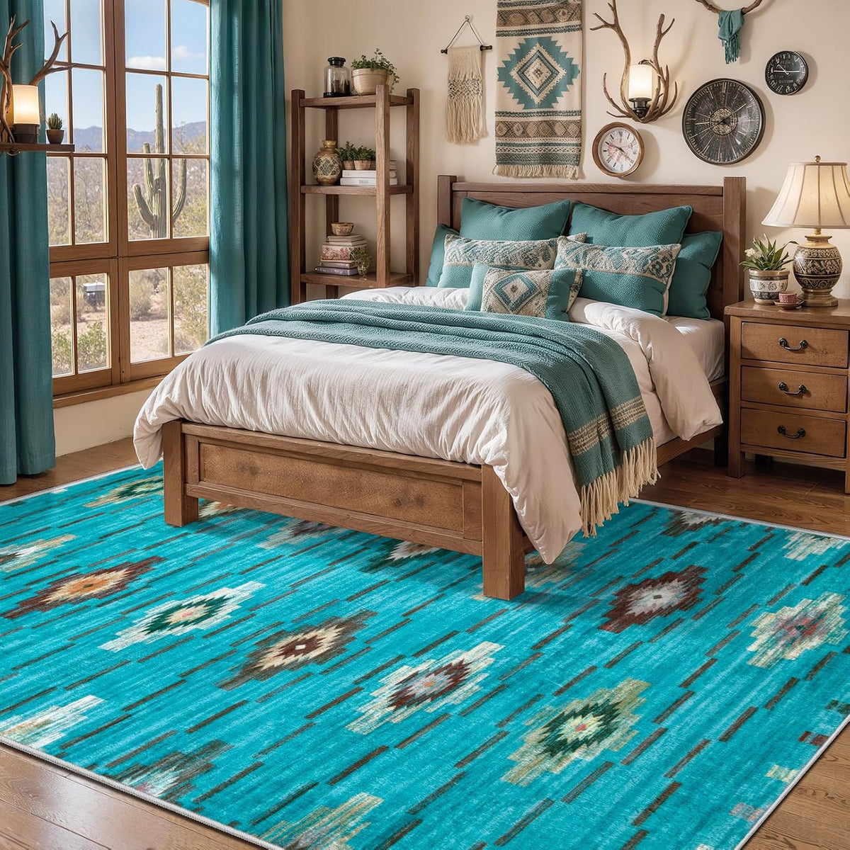2x6 Teal Washable Kitchen Runner Rug - Southwestern Boho Long Carpet