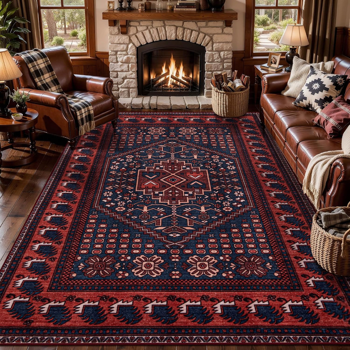 2x6 Dark Red Vintage Boho Washable Runner Rug - Non-Slip Hallway Carpet