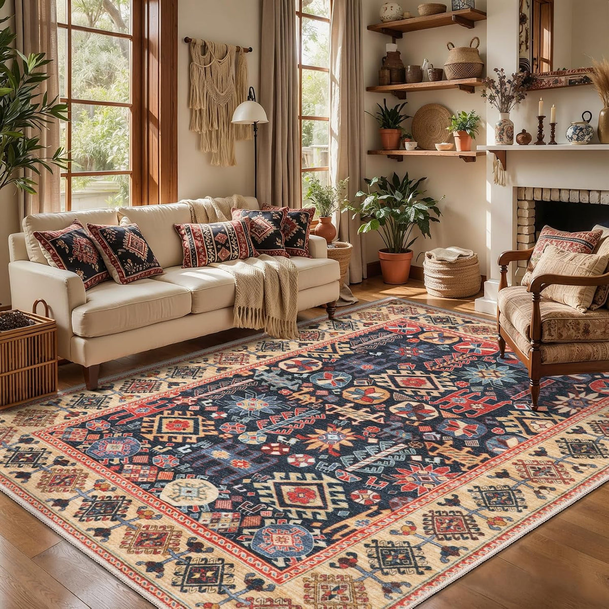 2x6 Blue and Beige Boho Vintage Washable Runner Rug - Non-Slip Hallway Carpet