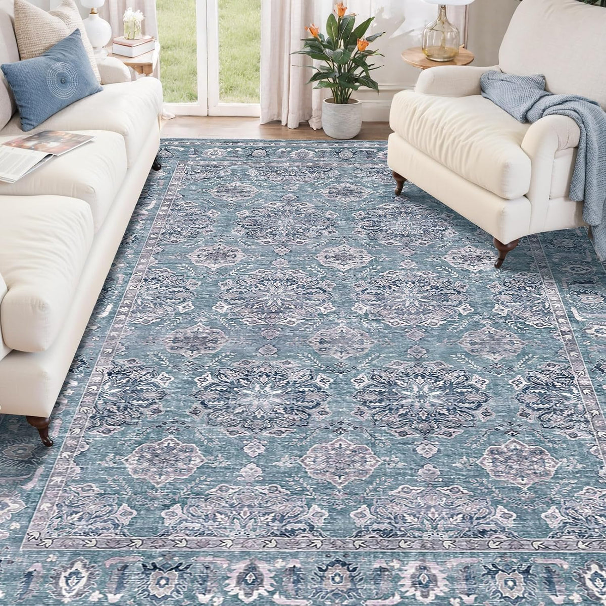 2x6 Blue Grey Floral Vintage Boho Washable Runner Rug - Non-Slip Hallway Carpet