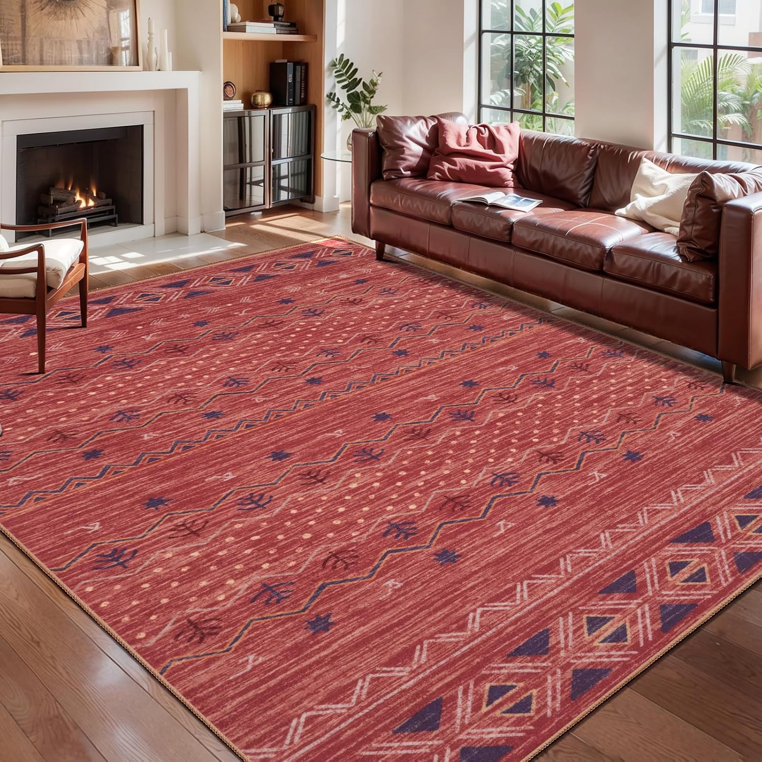 2x10 Red Ochre Washable Hallway Runner Rug - Moroccan Boho Long Carpet