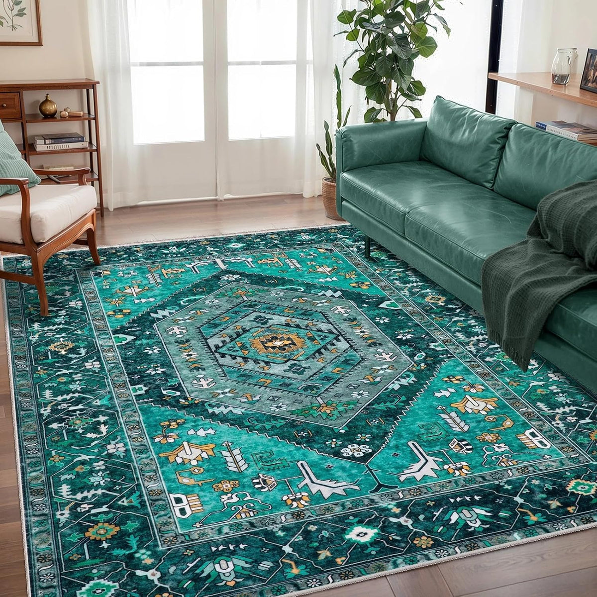4x6 Teal Vintage Boho Washable Area Rug - Non-Slip Distressed Carpet
