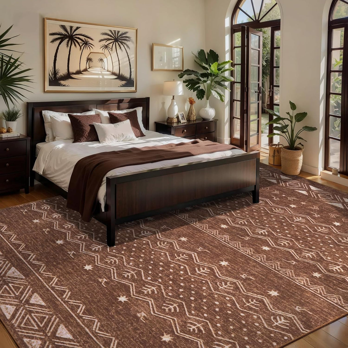 2x3 Coffee Brown Geometric Boho Washable Small Rug - Non-Slip Entryway Mat