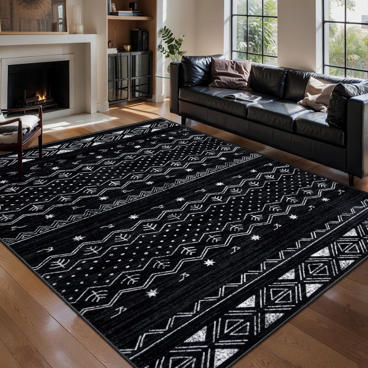 SERISSA Boho Geometric Washable Runner Rug, 2'x10' Non-Slip Long Hallway Carpet for Kitchen, Entryway, Laundry, Bedroom & Bathroom – Soft Low-Pile Black & White Runner