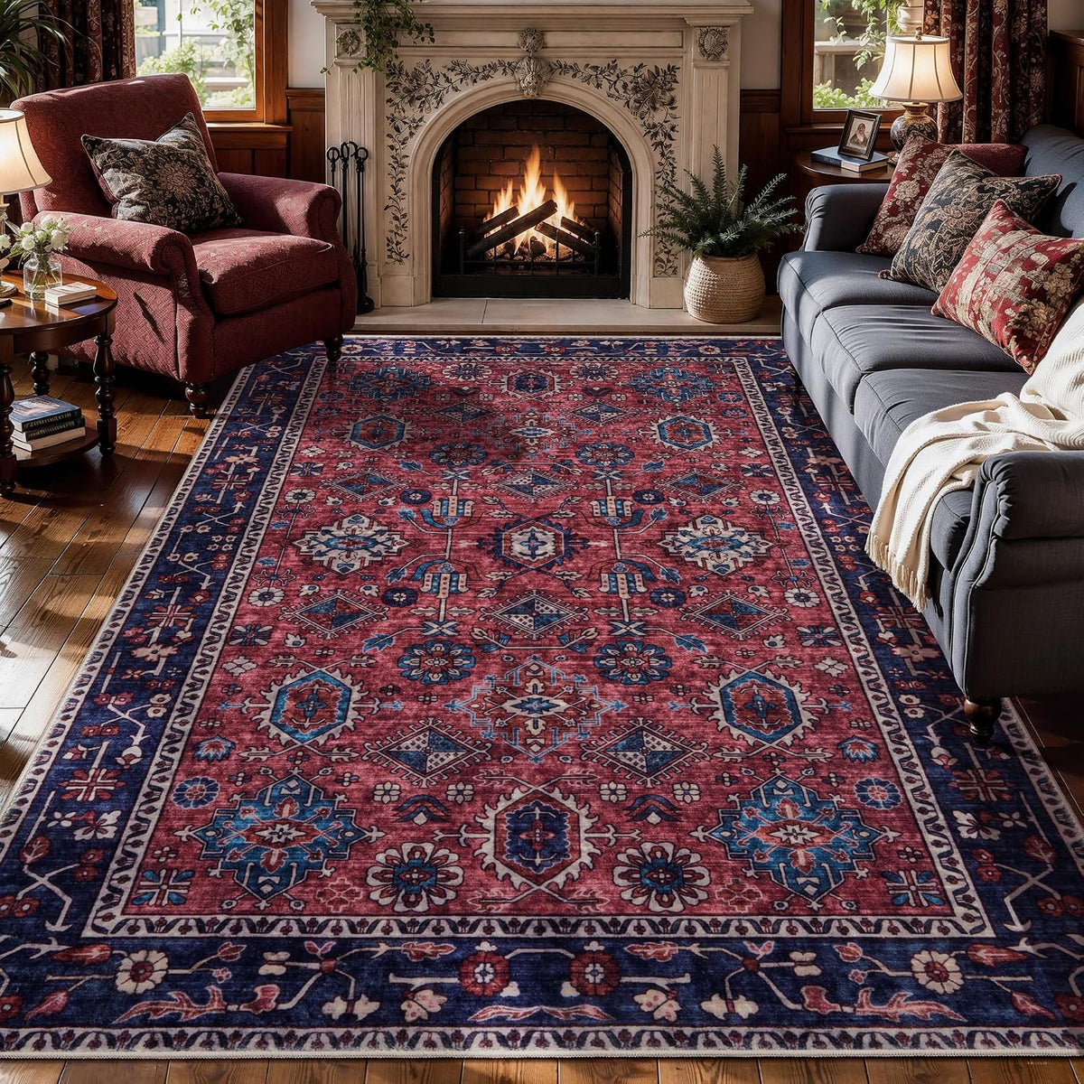 2x3 Rust Red Vintage Boho Washable Small Rug - Non-Slip Entryway Mat