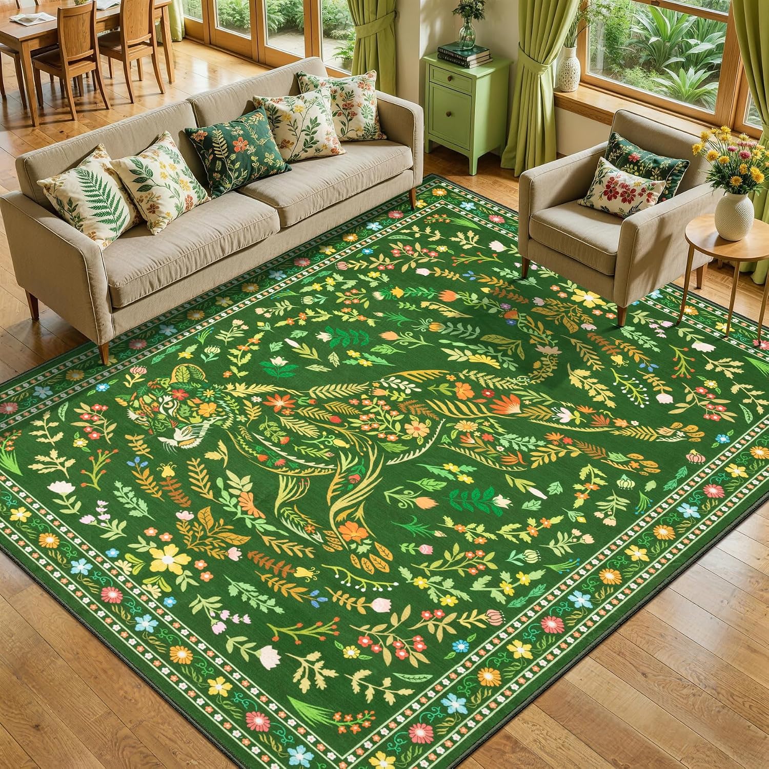 SERISSA Boho Floral & Cheetah Washable Accent Rug, Non-Slip Soft Low-Pile Floor Mat for Entryway, Kitchen, Bedroom, Laundry Room & Entrance – Vibrant Green Decor