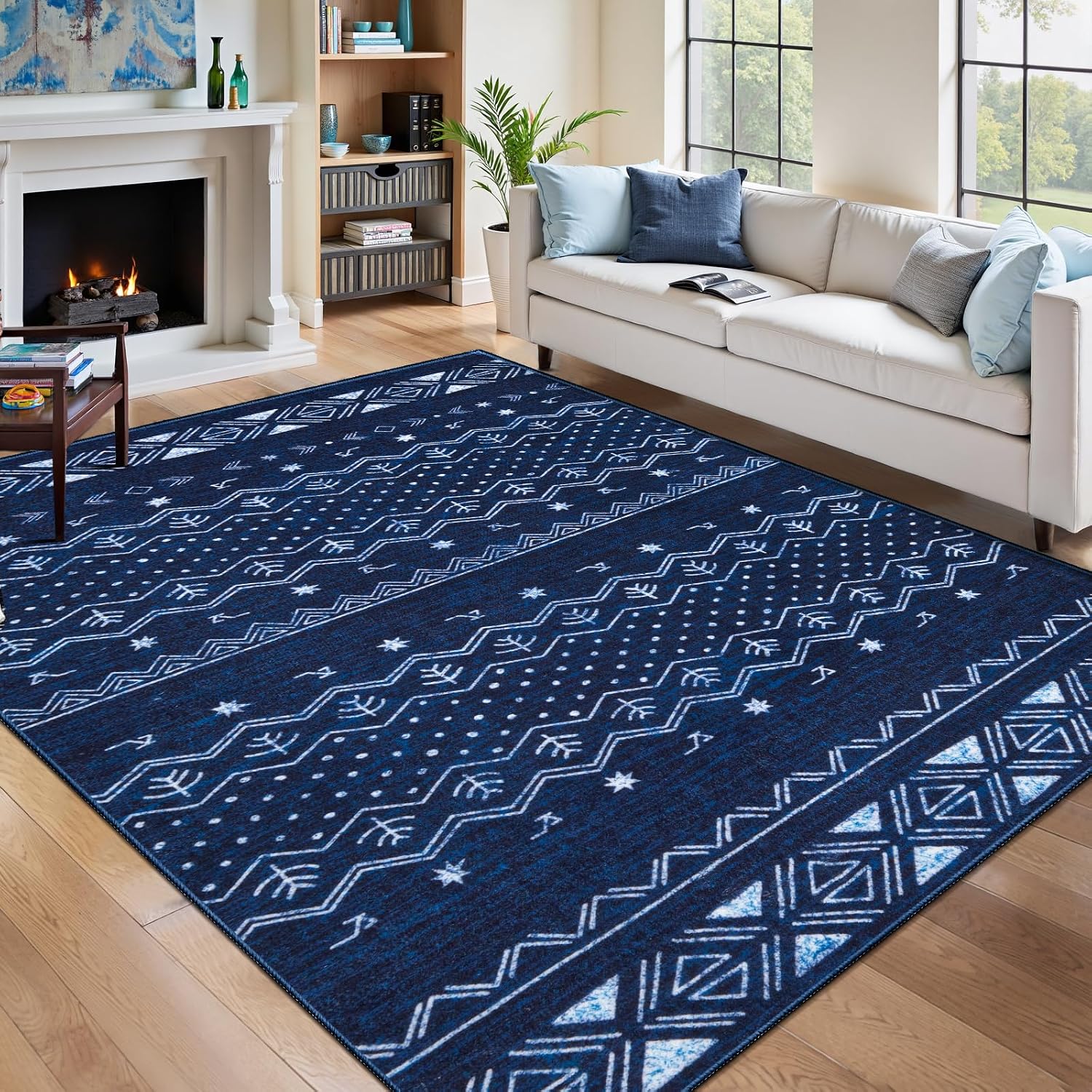3x5 Blue and White Moroccan Washable Small Rug - Non-Slip Accent Carpet