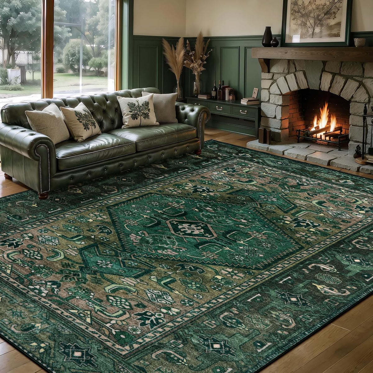 2x5 Dark Green Vintage Boho Washable Runner Rug - Non-Slip Hallway Carpet