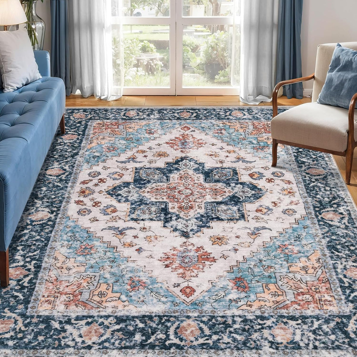 3x4 Blue and Orange Boho Washable Area Rug - Non-Slip Accent Carpet