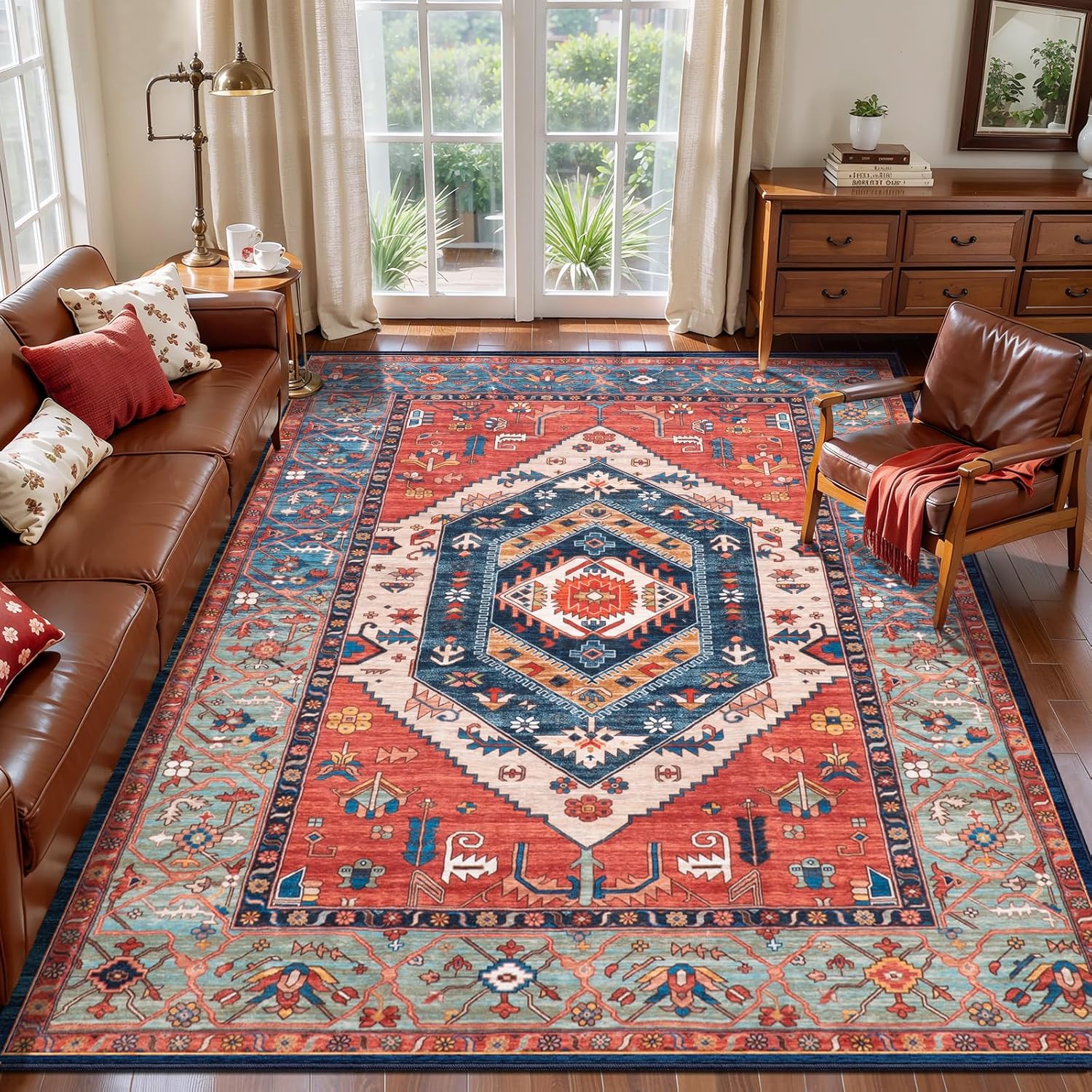SERISSA 8x10 Washable Area Rug, Soft Non-Slip Distressed Oriental Boho Carpet for Living Room, Dining Room, and Office Decor