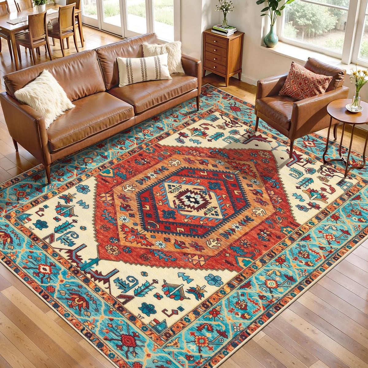 5x8 Orange Vintage Boho Washable Area Rug - Non-Slip Distressed Carpet