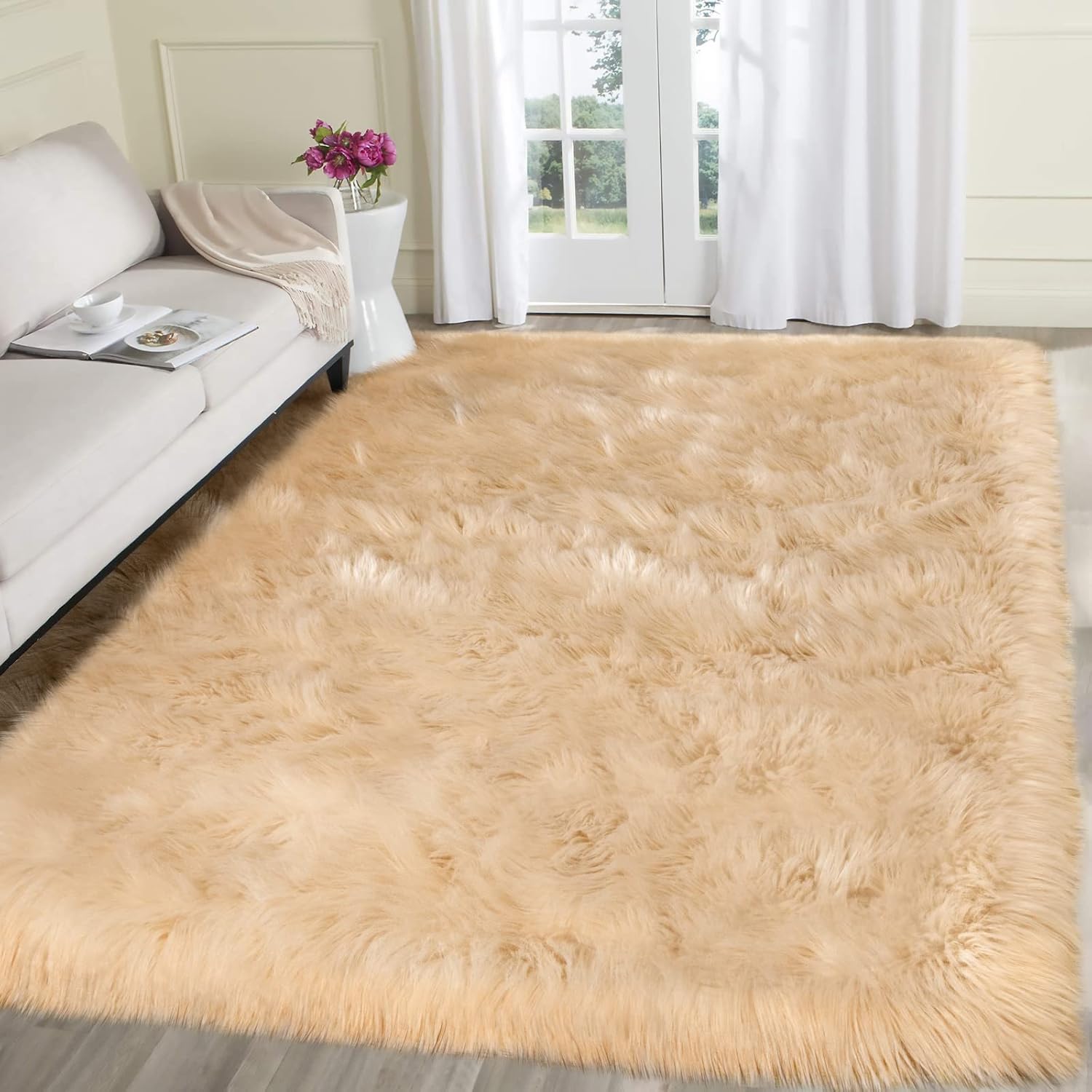 SERISSA Faux Sheepskin Shaggy Area Rug, 8'x10' Large Ultra-Soft Fluffy Floor Carpet for Living Room, Bedroom & Nursery – Luxurious Beige Furry Decor