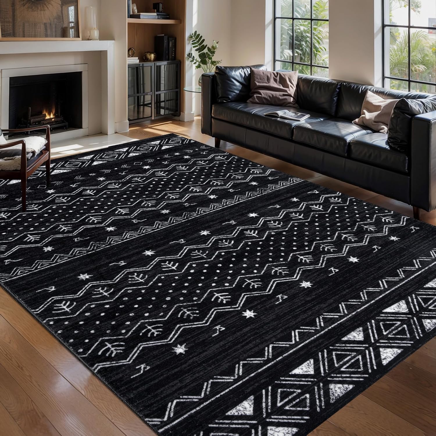 SERISSA Boho Geometric Washable Runner Rug, 2'x10' Non-Slip Long Hallway Carpet for Kitchen, Entryway, Laundry, Bedroom & Bathroom – Soft Low-Pile Black & White Runner