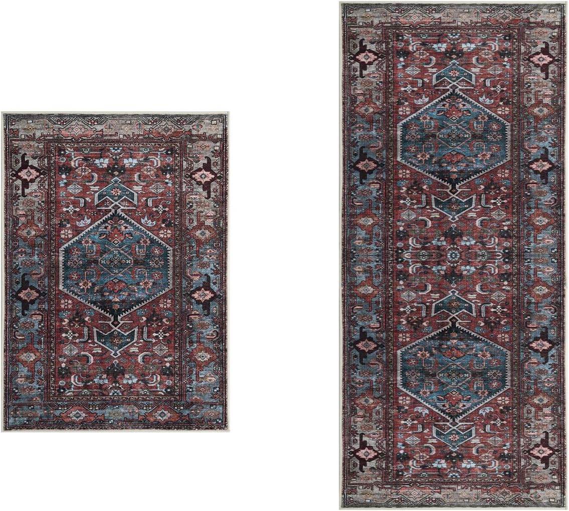 SERISSA Vintage 2x3 and 2x5 Washable Rug Non Slip(Red Multi)