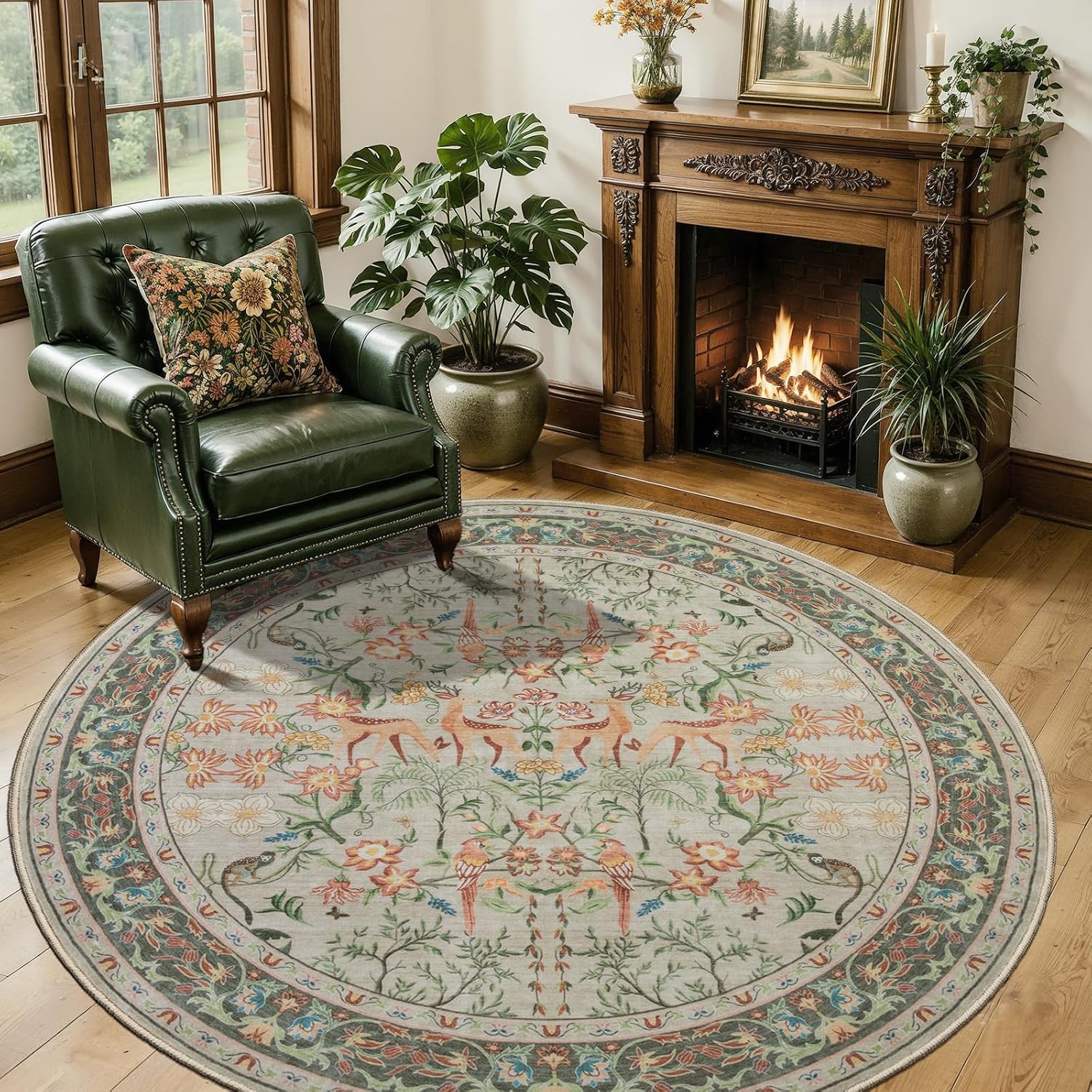 6ft Washable Round Boho Area Rug - Vintage Jungle Soft Low-Pile Carpet