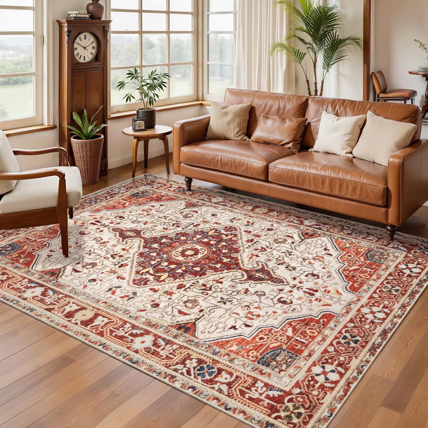SERISSA Vintage Oriental Washable Area Rug, 4'x6' Non-Slip Low-Pile Indoor Carpet for Living Room, Bedroom, Dining Room, Kitchen & Nursery – Soft Beige & Orange Boho Decor