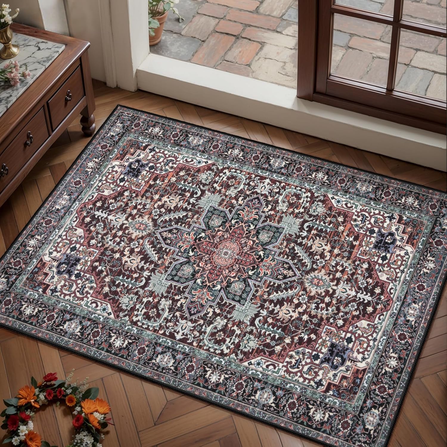 SERISSA Vintage Oriental Washable Throw Rug, 2'x3' Non-Slip Small Area Rug & Doormat for Entryway, Kitchen, Bedroom & Bathroom – Soft Low-Pile Red & Multi