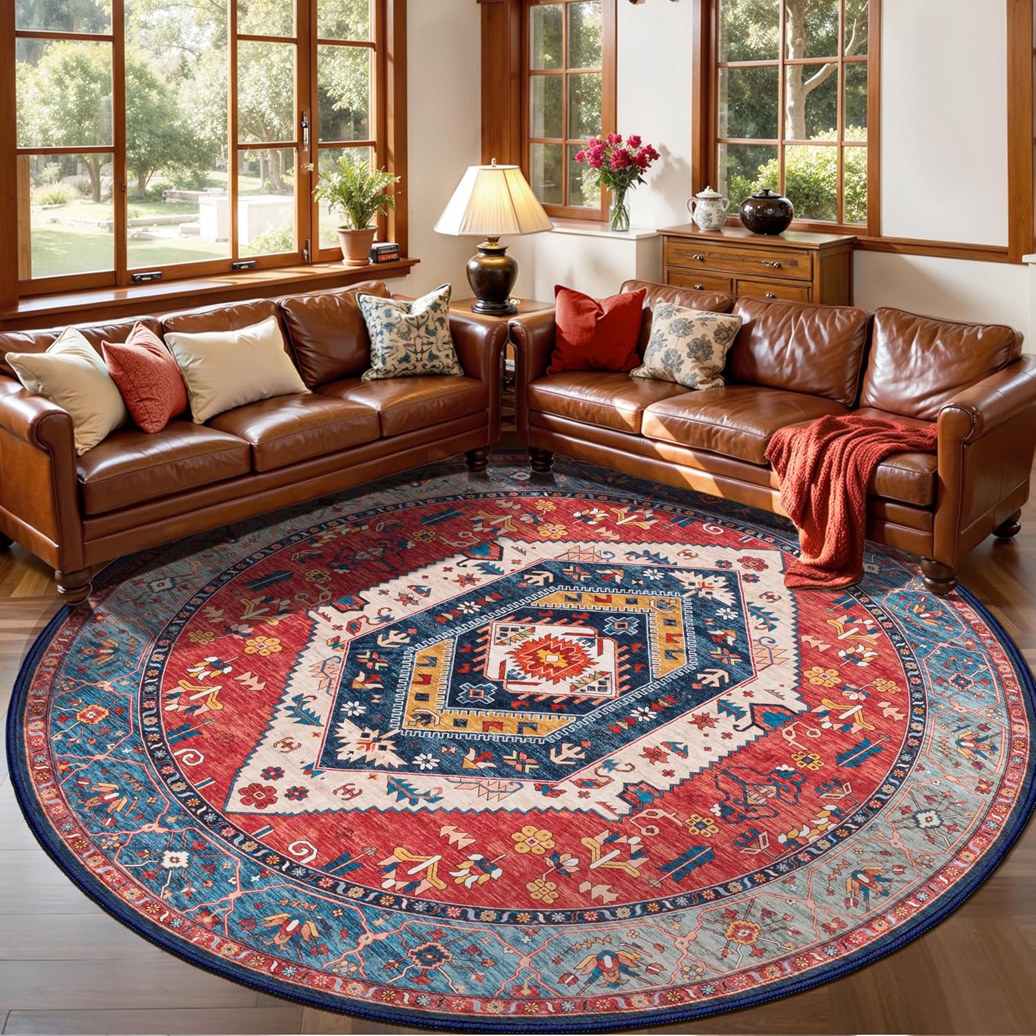SERISSA Vintage Boho Washable Round Area Rug, 6' Circular Non-Slip Floor Carpet for Bedroom, Living Room, Entryway, Nursery & Office – Ultra Soft Low-Pile Oriental Rust Rug