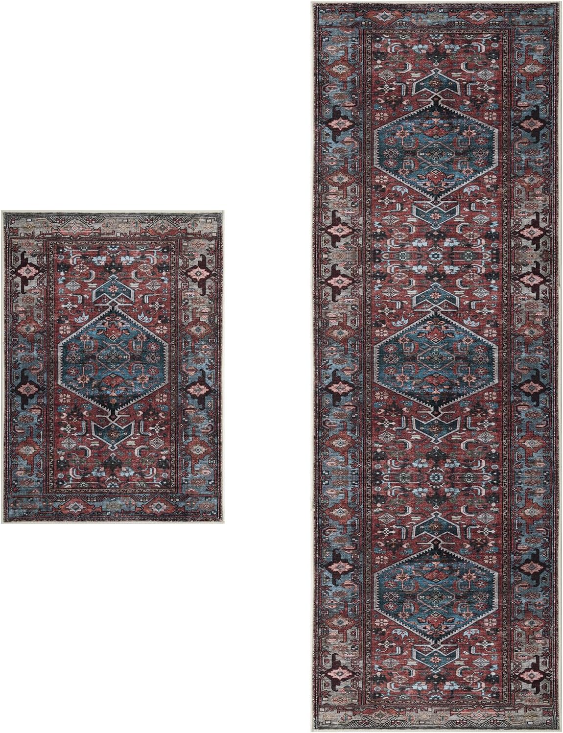 SERISSA Vintage 2x3 and 2.6x10 Washable Rug Non Slip(Red Multi)