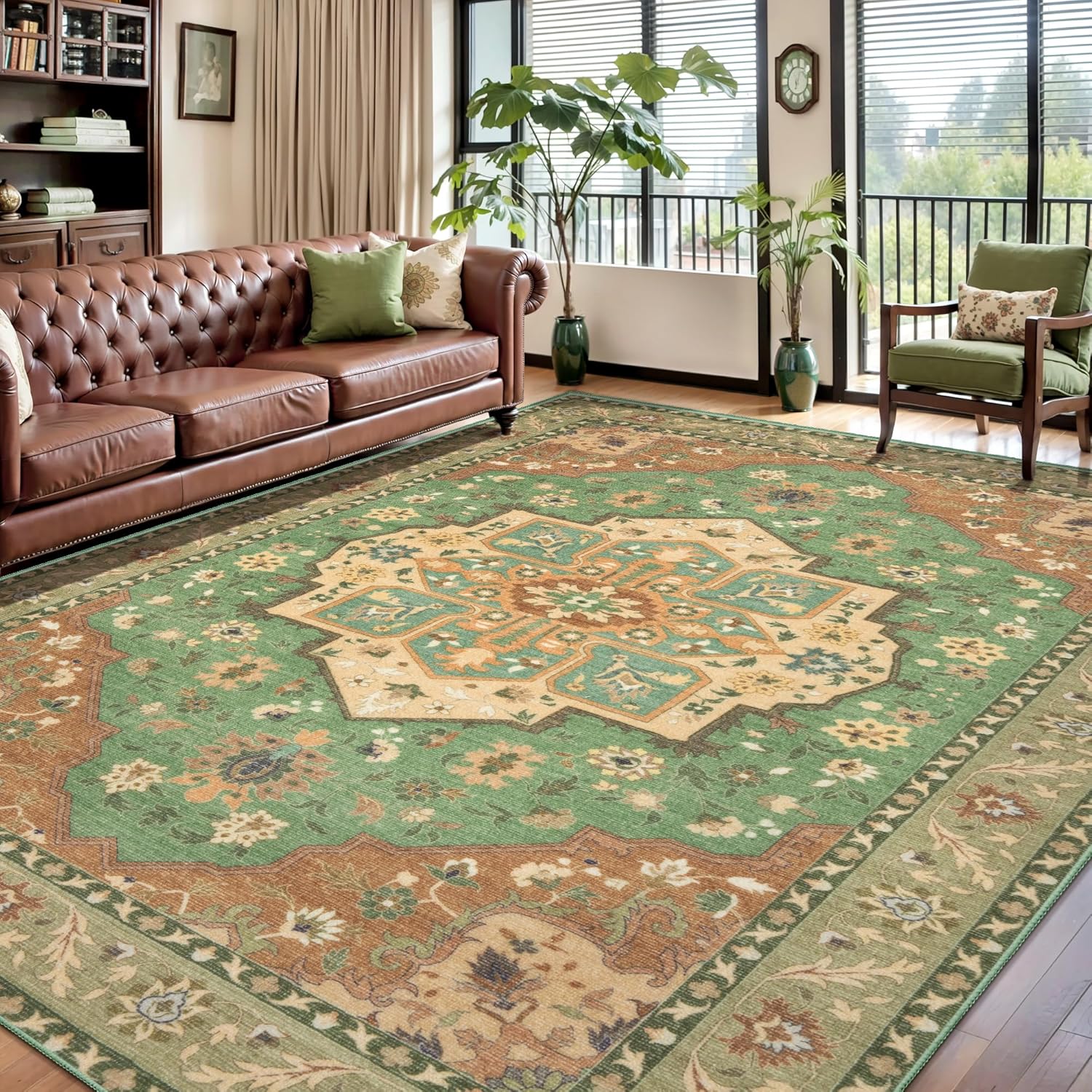 SERISSA Vintage Oriental Washable Area Rug, 8'x10' Large Non-Slip Floor Carpet for Living Room, Bedroom, Dining Room, Office & Playroom – Soft Low-Pile Terracotta & Green