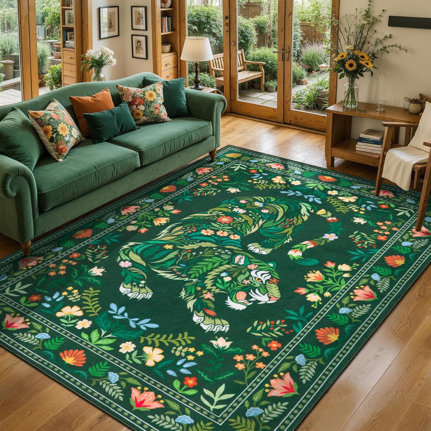 SERISSA Boho Tiger & Botanical Floral Washable Area Rug, Non-Slip Soft Low-Pile Vintage Carpet for Living Room, Bedroom, Kitchen, Dorm & Office – Artistic Green Decor