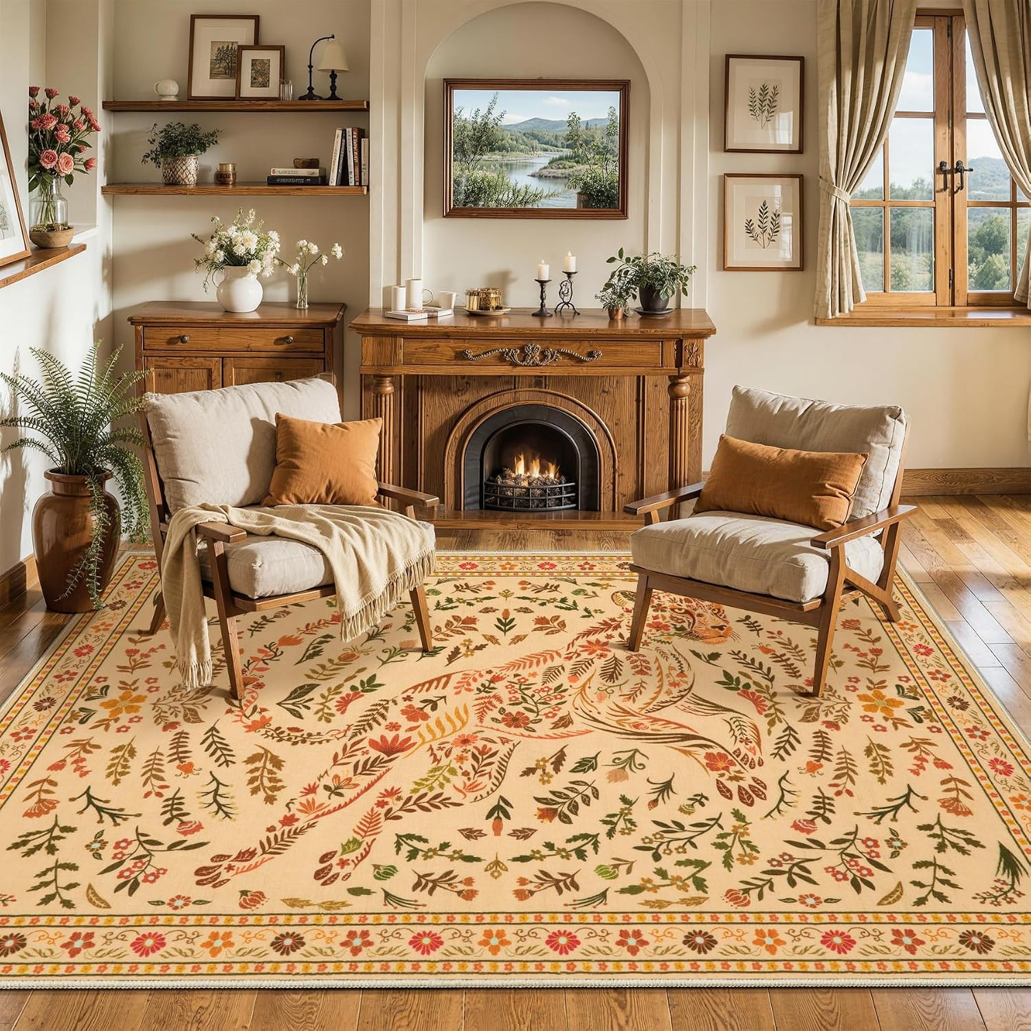 SERISSA Boho Floral & Cheetah Washable Area Rug, Non-Slip Soft Low-Pile Vintage Carpet for Living Room, Bedroom, Kitchen, Dorm & Office – Statement Camel Decor