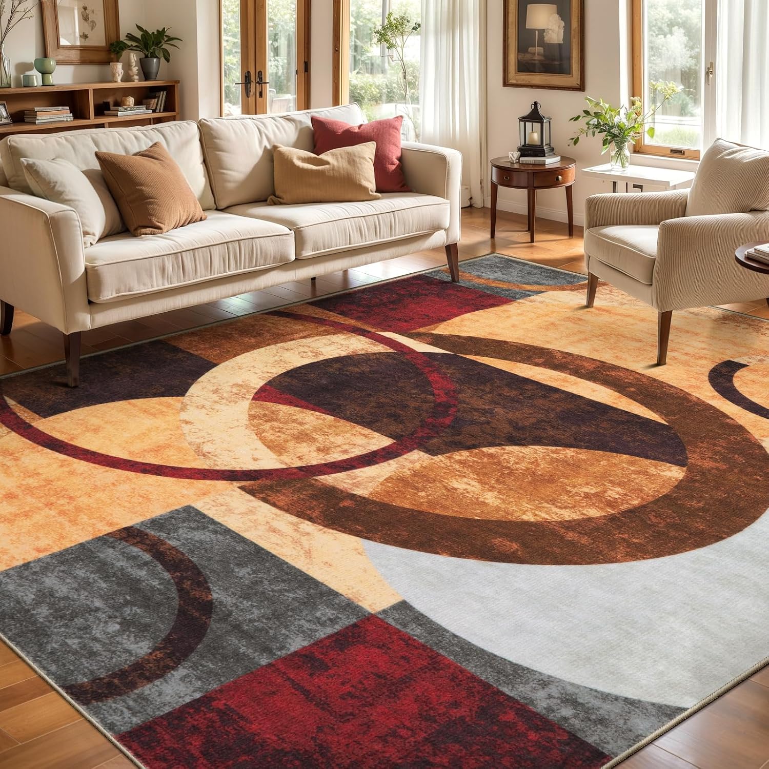 SERISSA Modern Abstract Washable Area Rug, 5'x7' Non-Slip Soft Low-Pile Floor Carpet for Living Room, Dining Room, Bedroom & Office – Geometric Brown & Red Decor