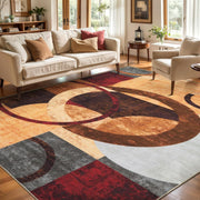 SERISSA Modern Abstract Washable Area Rug, 5'x7' Non-Slip Soft Low-Pile Floor Carpet for Living Room, Dining Room, Bedroom & Office – Geometric Brown & Red Decor