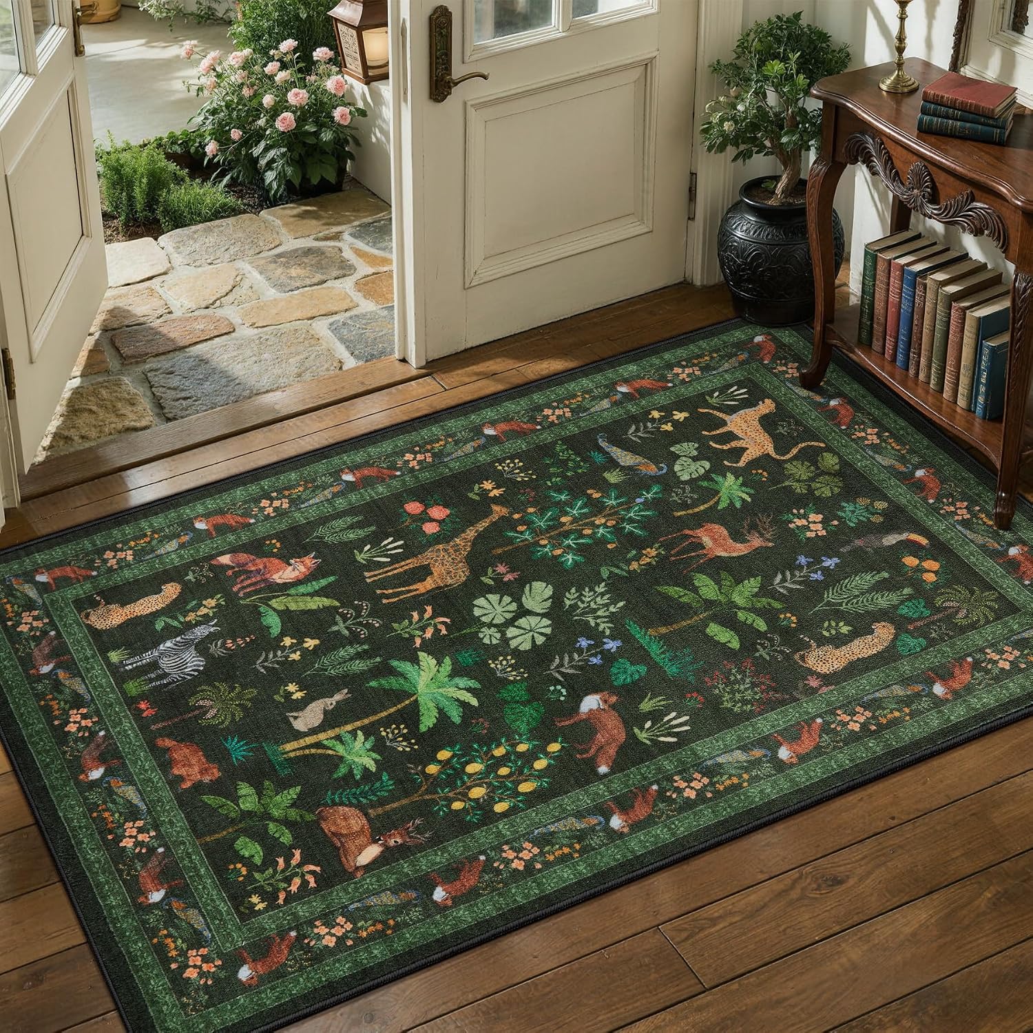 SERISSA Jungle Animal Print Washable Runner Rug, Non-Slip Soft Low-Pile Accent Carpet for Entryway, Hallway, Kitchen, Laundry & Kids Bedroom – Boho Nature Decor