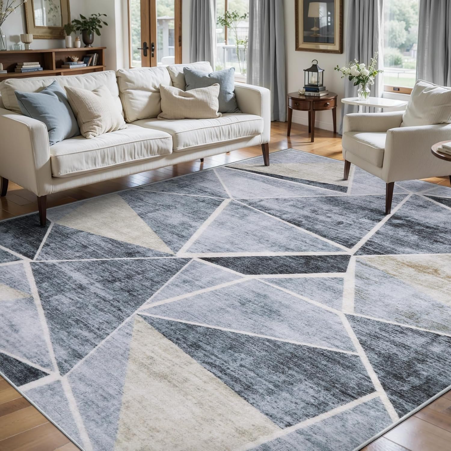 SERISSA Modern Abstract Washable Area Rug, 6'x9' Large Non-Slip Soft Low-Pile Floor Carpet for Living Room, Dining Room, Bedroom & Office – Contemporary Grey Decor