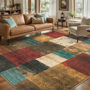 SERISSA Modern Abstract Washable Area Rug, 5'x7' Non-Slip Soft Low-Pile Floor Carpet for Living Room, Dining Room, Bedroom & Office – Geometric Red & Brown Decor