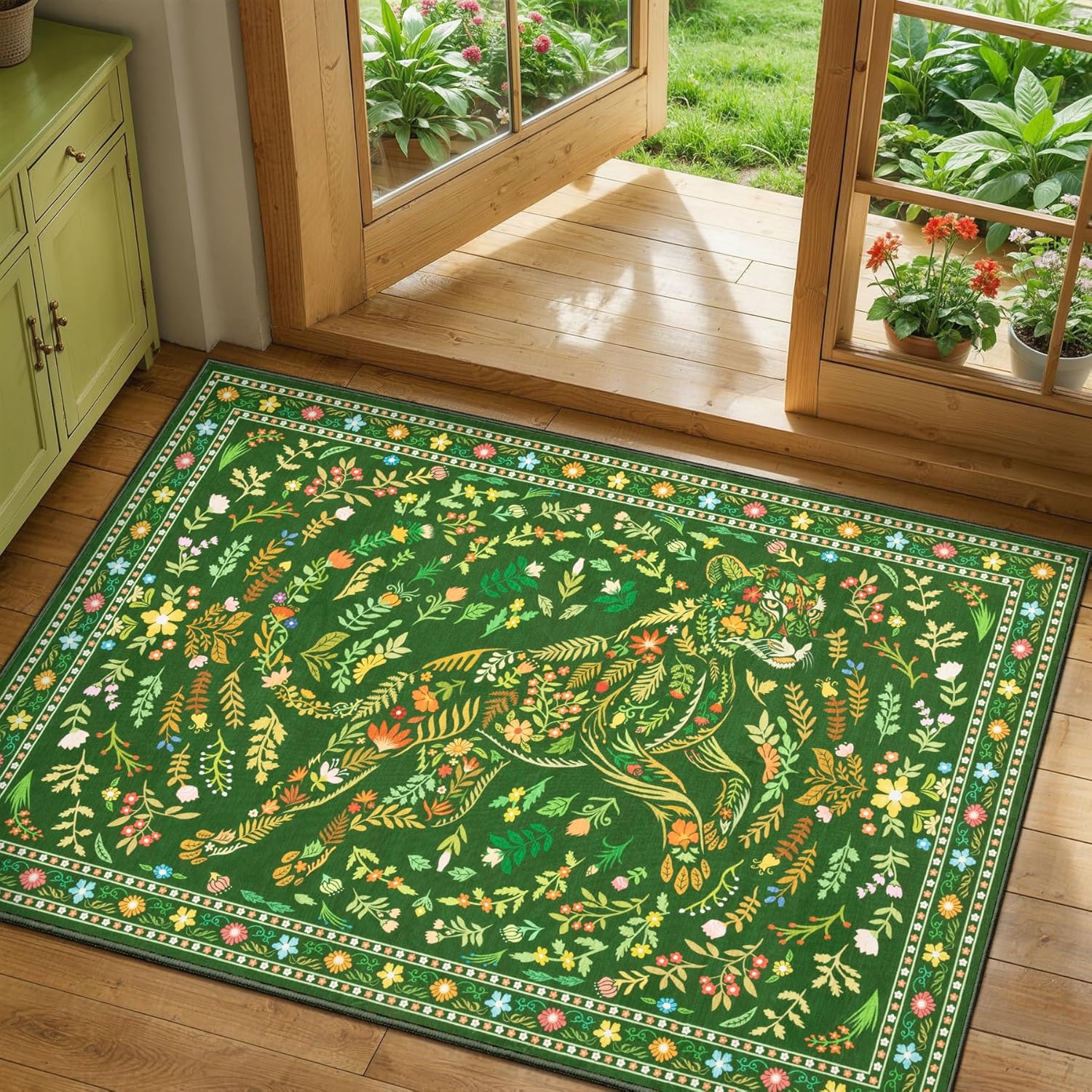 SERISSA Boho Floral & Cheetah Washable Accent Rug, Non-Slip Soft Low-Pile Floor Mat for Entryway, Kitchen, Bedroom, Laundry Room & Entrance – Vibrant Green Decor