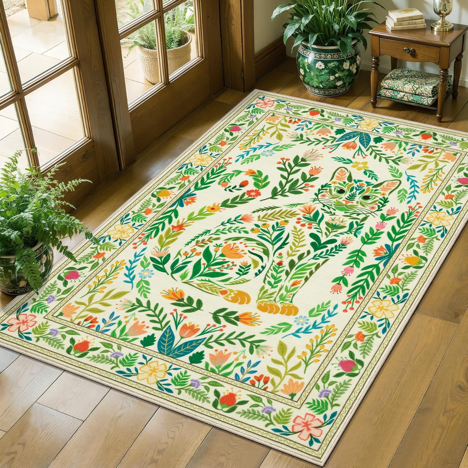 SERISSA Boho Floral & Animal Print Washable Accent Rug, Non-Slip Soft Low-Pile Floor Mat for Entryway, Kitchen, Bedroom, Laundry Room & Entrance – Versatile Beige Decor