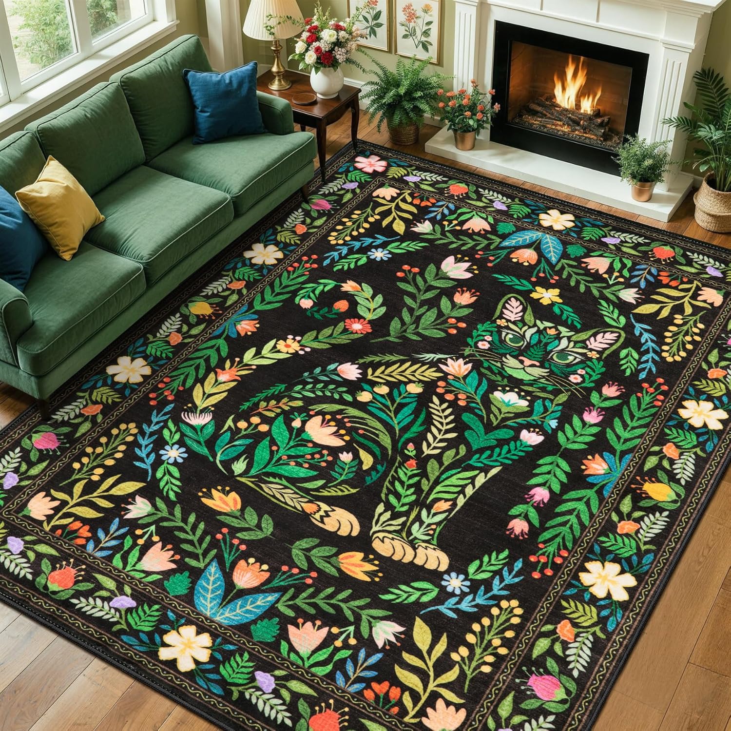 SERISSA Boho Floral & Cat Print Washable Area Rug, Non-Slip Soft Low-Pile Vintage Carpet for Living Room, Dining Room, Bedroom & Kids Playroom – Sophisticated Black Decor